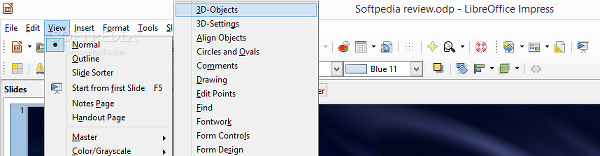 Showing the LibreOffice Impress view menu
